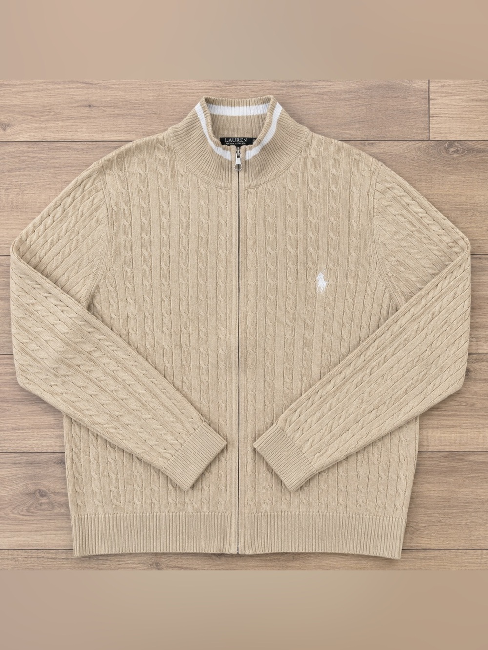 Lauren Ralph Lauren Cable Knit Full Zip Sweater Women’s XL Beige Cotton